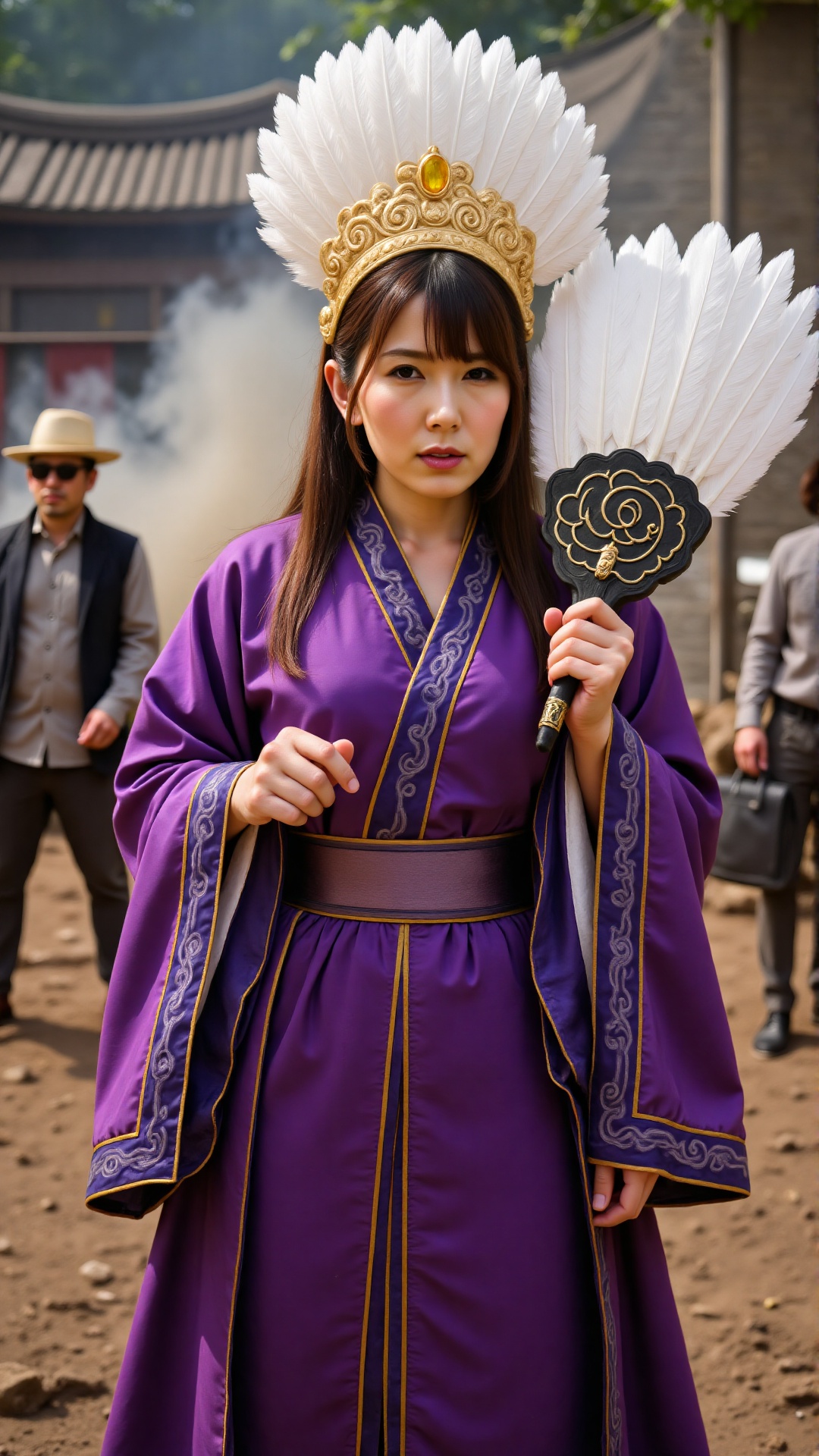 This is a realistic,  ultra-high-pixel portrait photo: an Asian woman wearing ancient Chinese purple Hanfu,  a multi-layer...