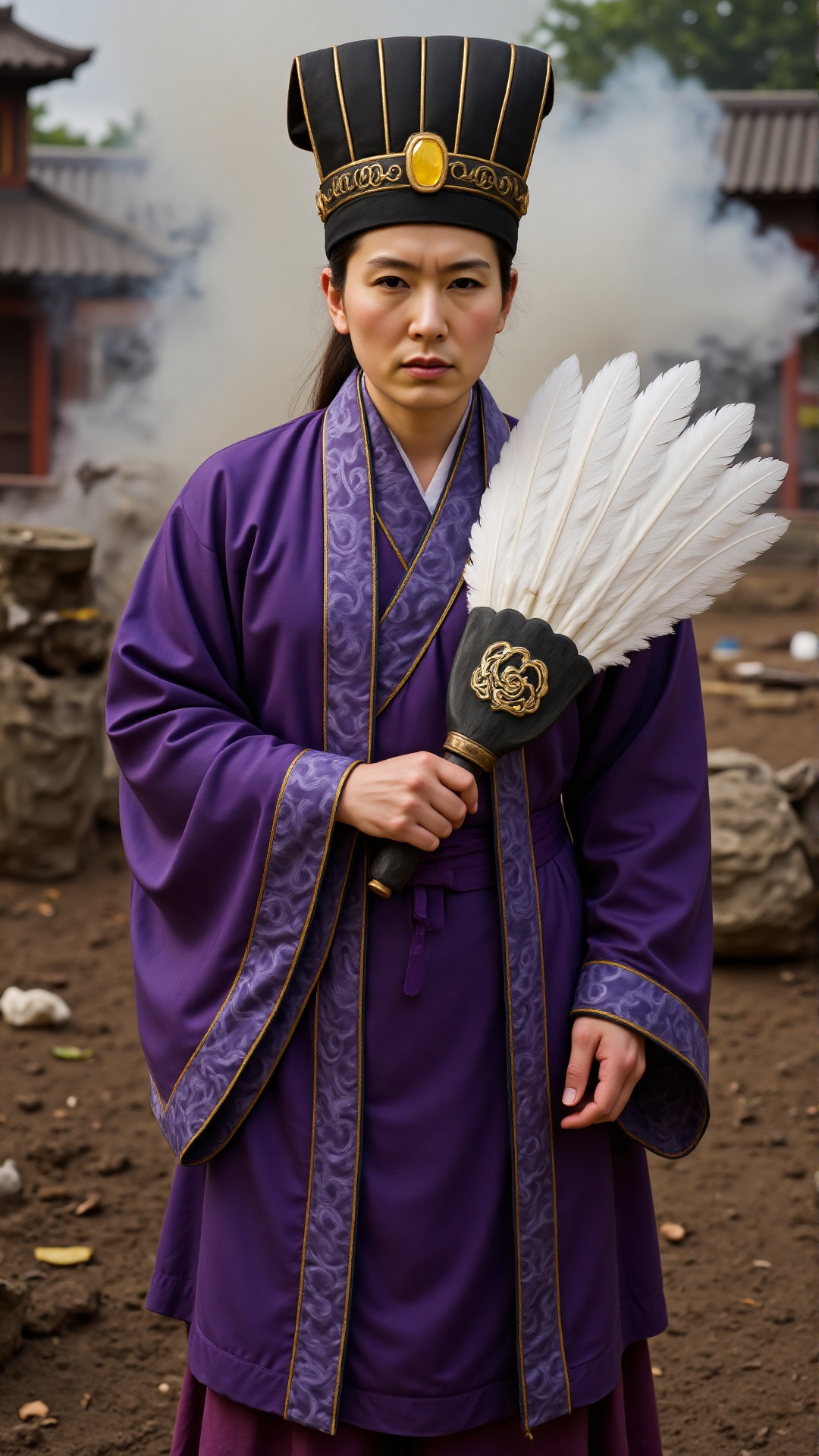 This is a realistic,  ultra-high-pixel portrait photo: an Asian woman wearing an ancient Chinese purple Hanfu,  a multi-la...