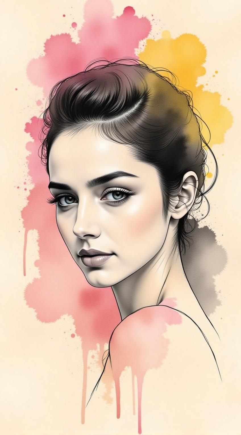 Sketch of a woman,  20yo,  ink and watercolor art style on Tensor.Art