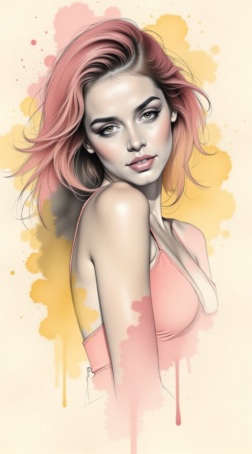 Sketch of a woman,  20yo,  ink and watercolor art style on Tensor.Art