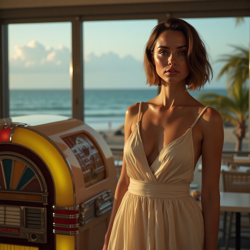 A beautiful woman standing in front of a jukebox,  elegant and relaxed,  wearing a light summer dress on Tensor.Art