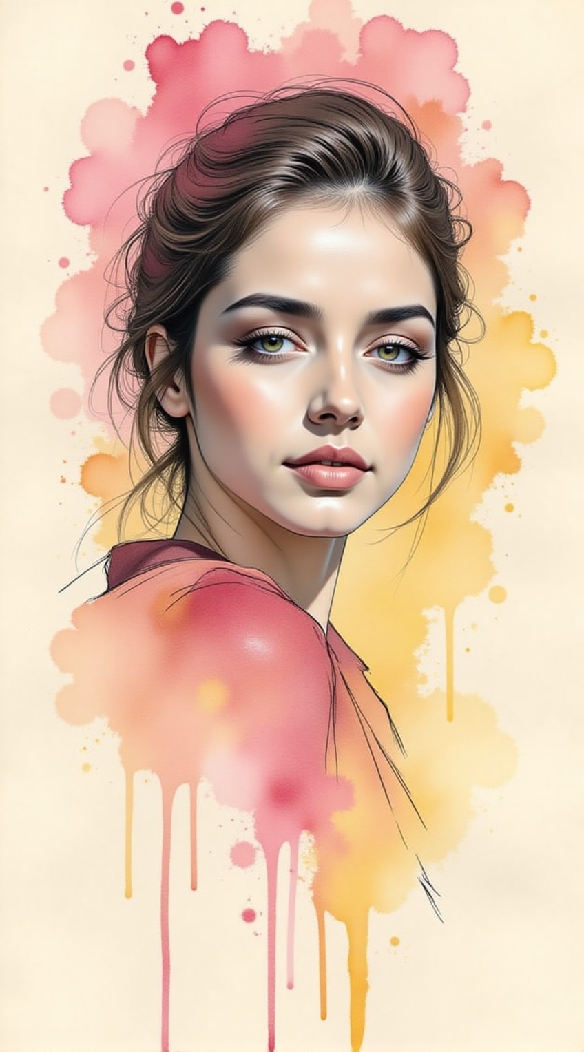 Sketch of a woman,  20yo,  ink and watercolor art style on Tensor.Art