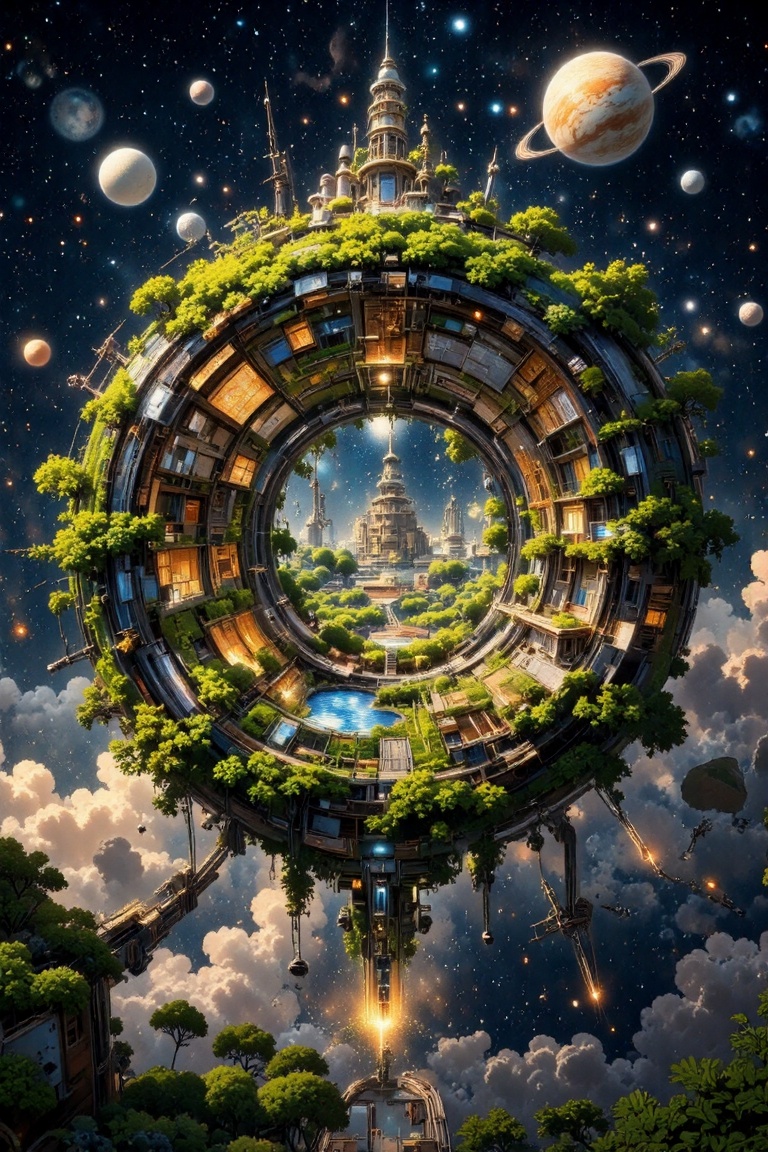 A breathtaking view of a futuristic space colony,  designed as a massive cylindrical structure floating in the cosmos. The...