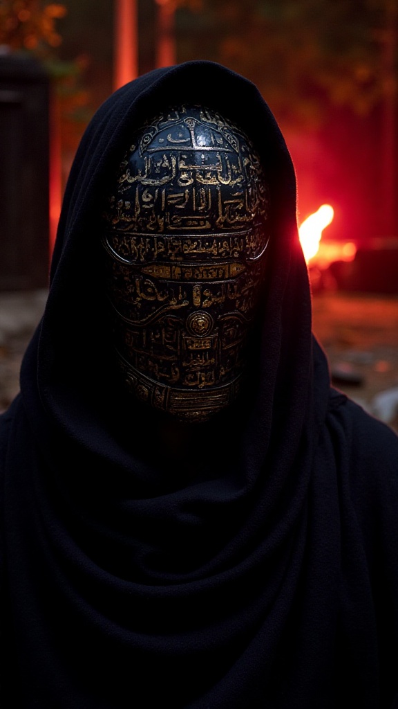 Close-up image of legendary character has no face but wearing an intricately designed mask. The mask is so smooth,  shiny...