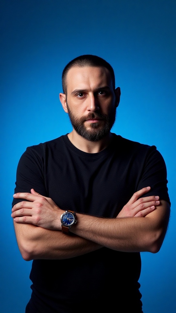 a highly stylized portrait with sharp features,  flawless fair skin,  wearing a black t-shirt . standing against a bold bl...