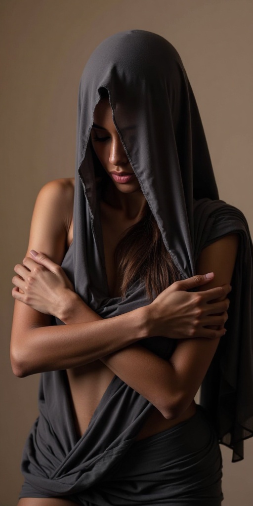 A gravure-inspired portrait: a woman with light brown skin,  veiled in dark gray drapery,  posing contemplatively on Tenso...