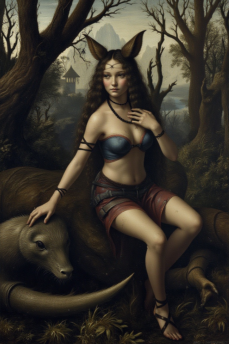 dav1nci,  fine art parody of predatory animal girl,  airy pin-up on Tensor.Art