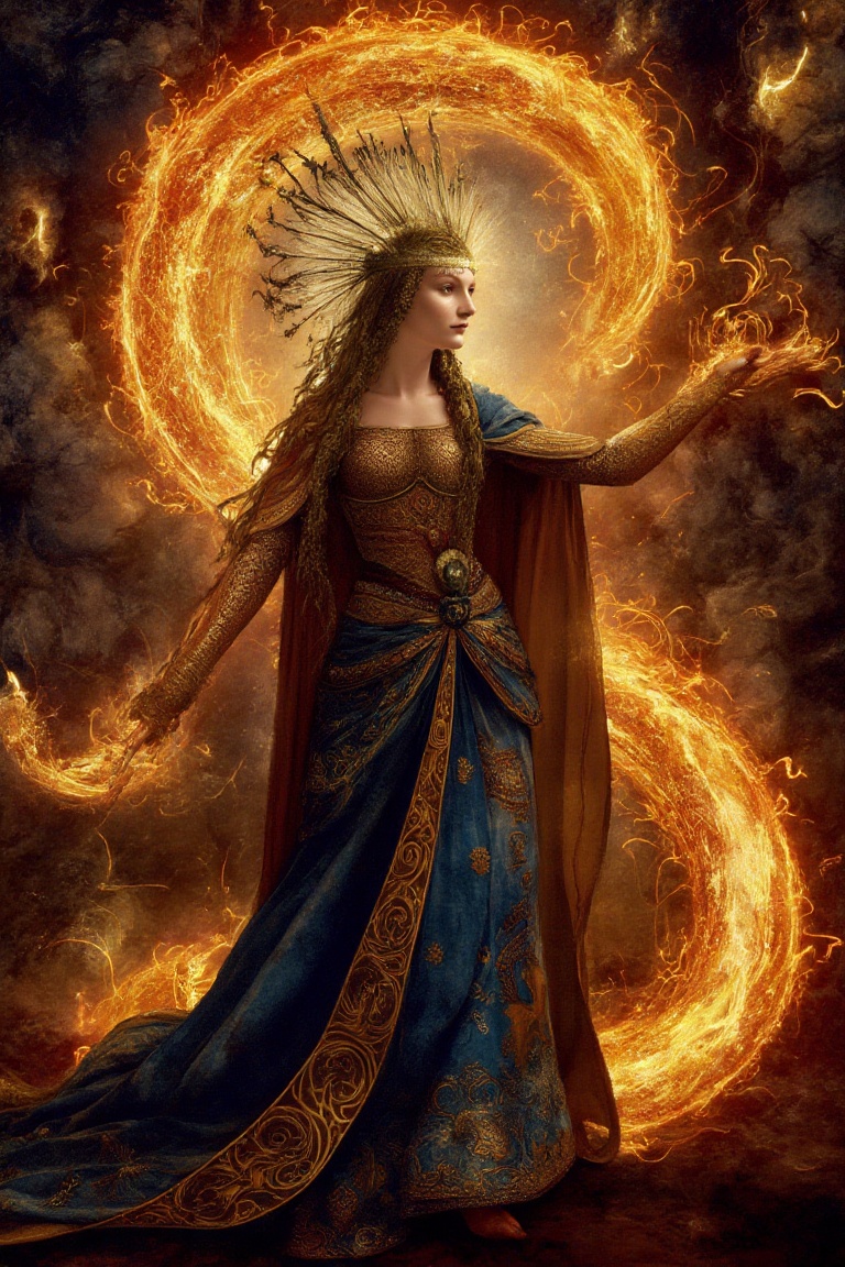 dav1nci,  fine art parody of queen of the fire,  standing on ground in spiral tongue of flame background on Tensor.Art