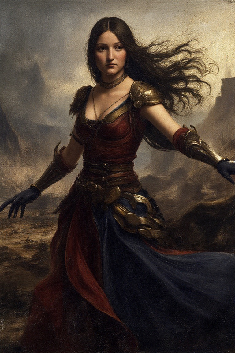 dav1nci,  fine art parody of woman in the style of titan femme fatale villainess,  fatality action pose motion blur on Ten...