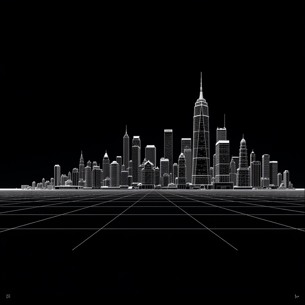 digital illustration of a city,  wireframe grid,  black background on Tensor.Art
