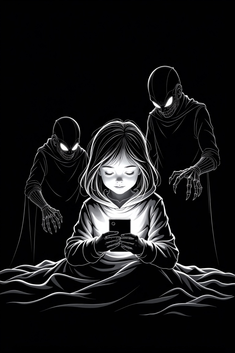 Create a minimalist line-art illustration of a young girl under a blanket,  illuminated by the soft glow of her phone,  wi...