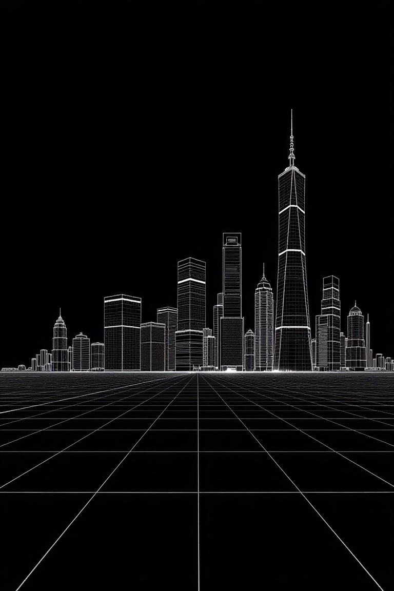 digital illustration of a city,  wireframe grid,  black background on Tensor.Art
