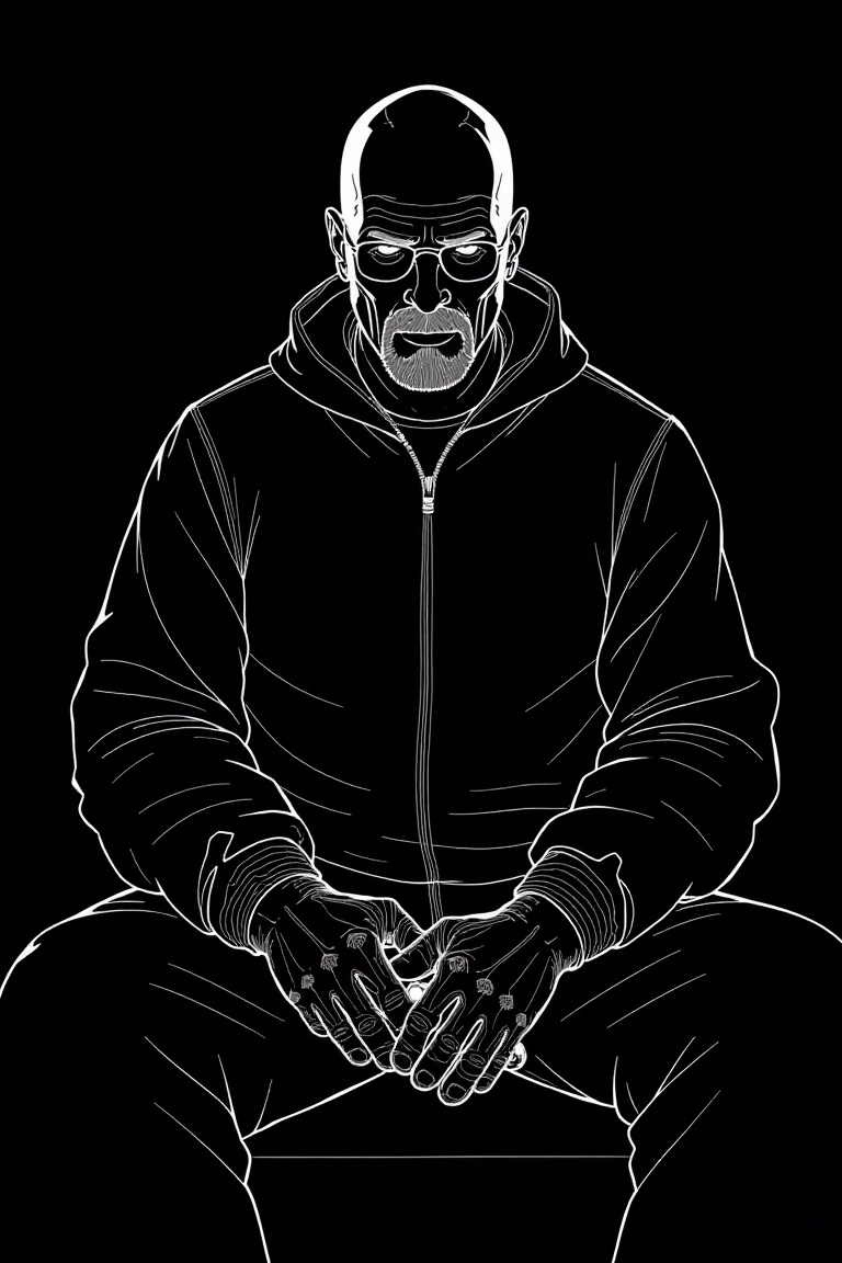 title logo that reads BREAKING BAD,  a minimalist line-art illustration of a man in a hazmat suit,  wearing glasses and a...