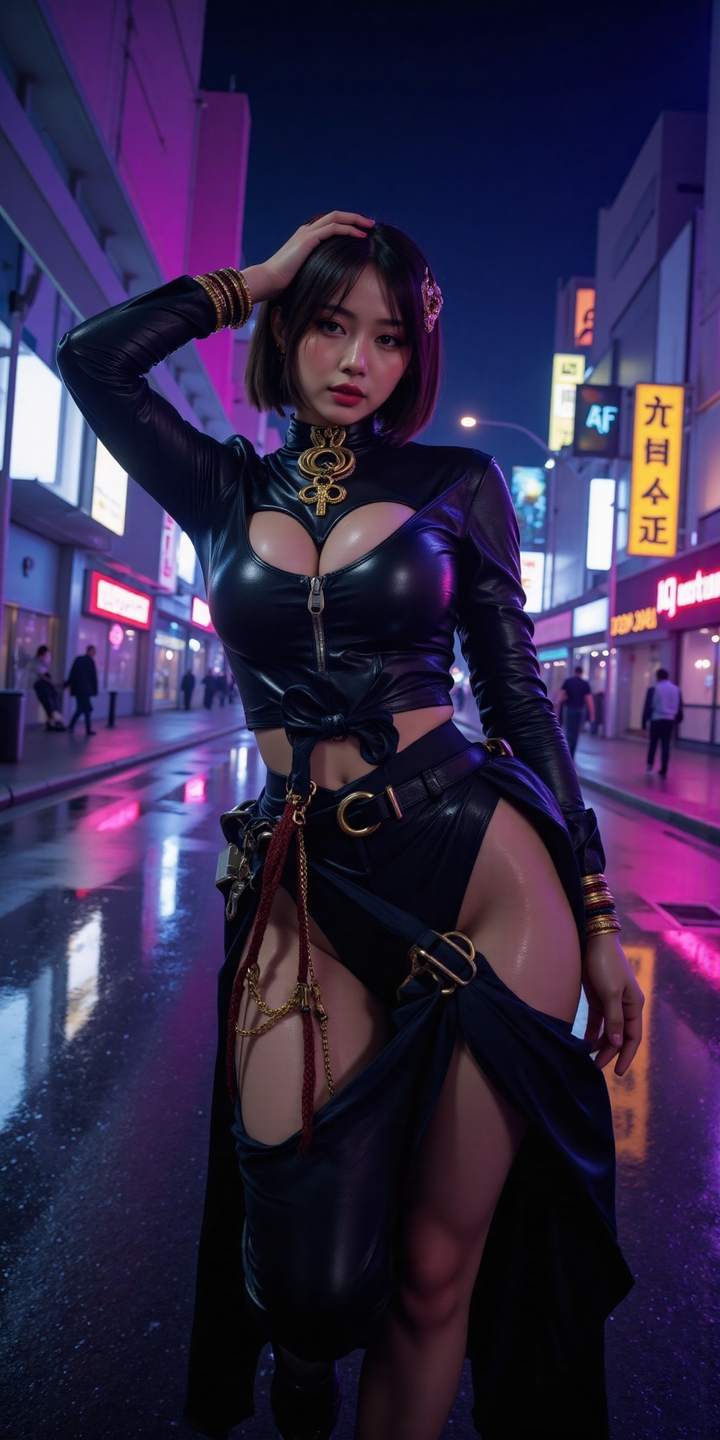 A breathtaking Japanese woman in a Blade Runner-inspired futuristic city at night,  reflections shimmering on the wet stre...