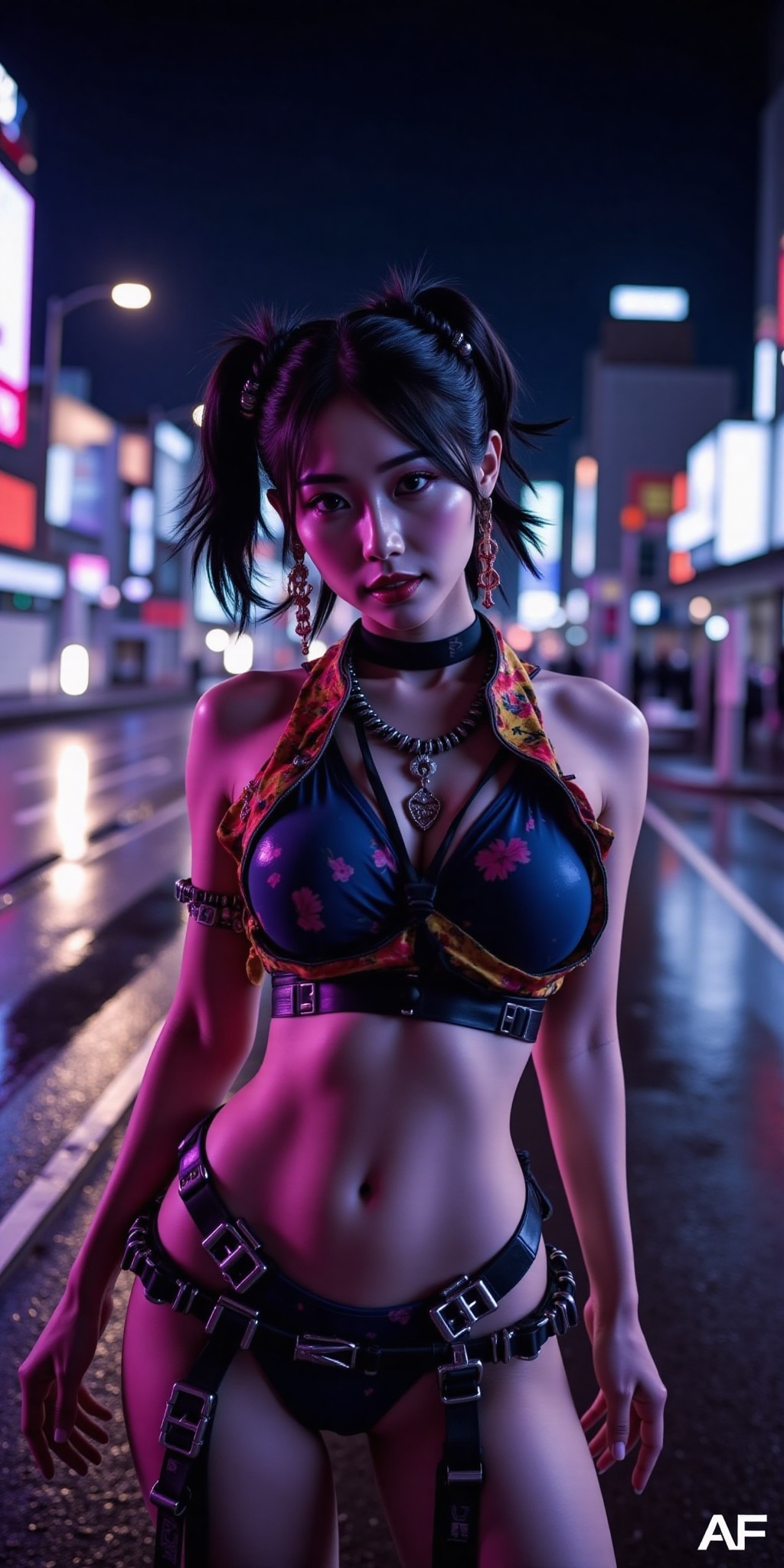 A breathtaking Japanese woman in a Blade Runner-inspired futuristic city at night,  reflections shimmering on the wet stre...