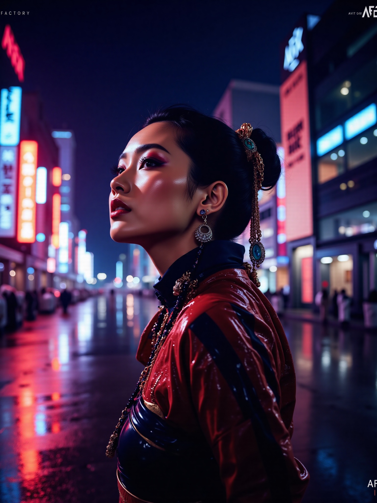 A breathtaking Japanese woman in a Blade Runner-inspired futuristic city at night,  reflections shimmering on the wet stre...