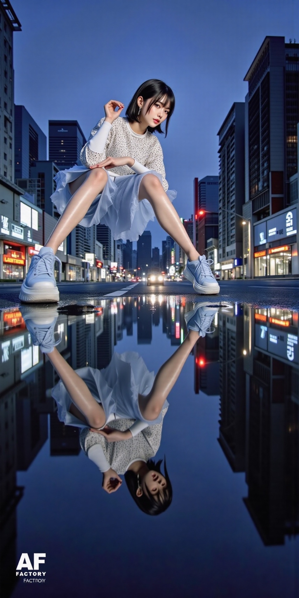 A beautiful korean woman in blade runner movie theme,  city,  reflection on road on Tensor.Art