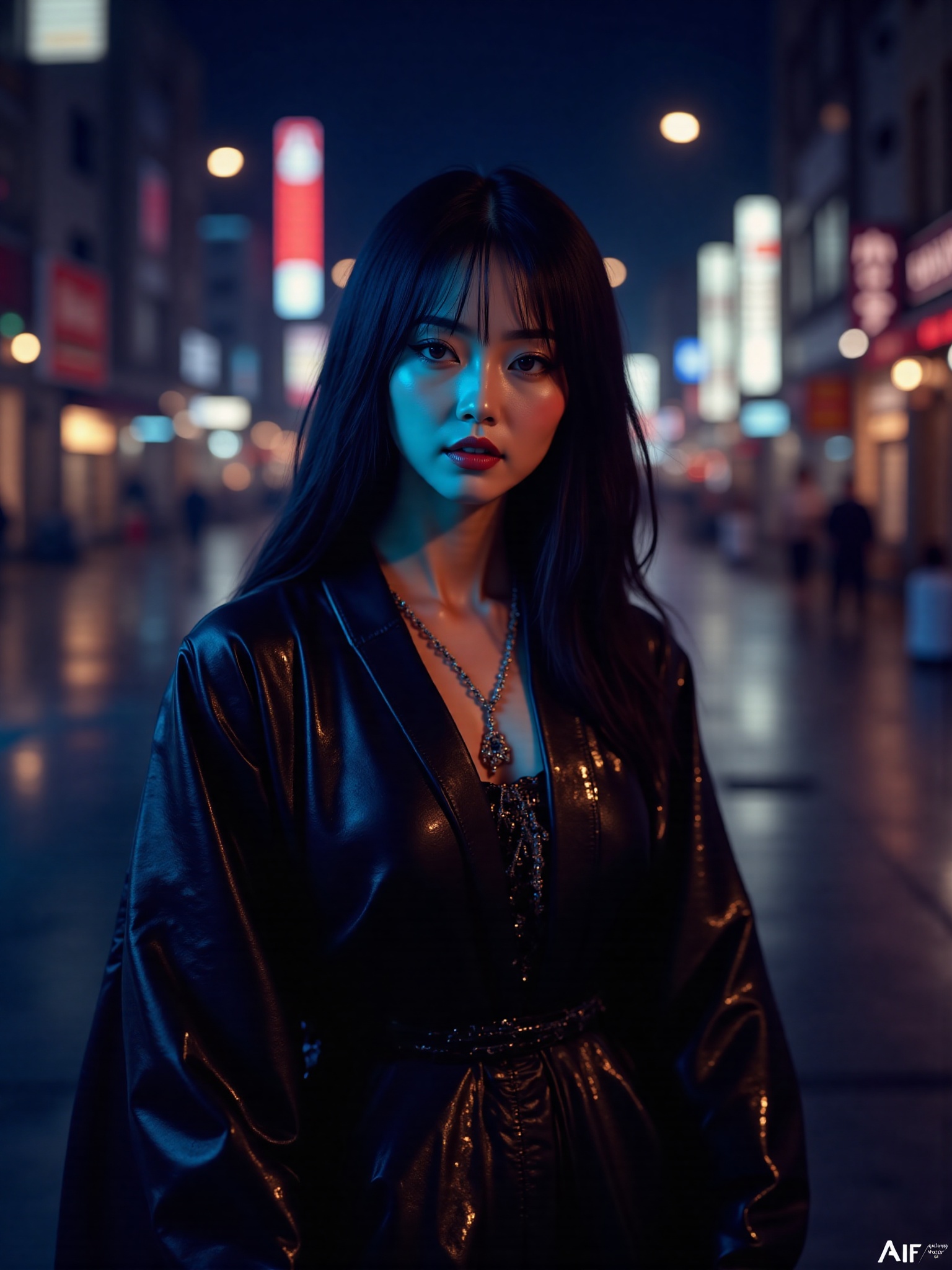 A breathtaking Japanese woman in a Blade Runner-inspired futuristic city at night,  reflections shimmering on the wet stre...