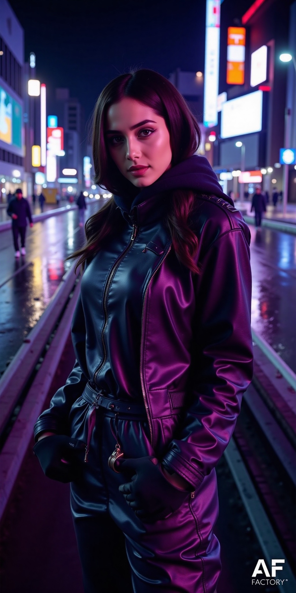 a breathtakingly beautiful Yemeni woman in a Blade Runner-inspired futuristic city,  night scene,  rain-slicked streets re...