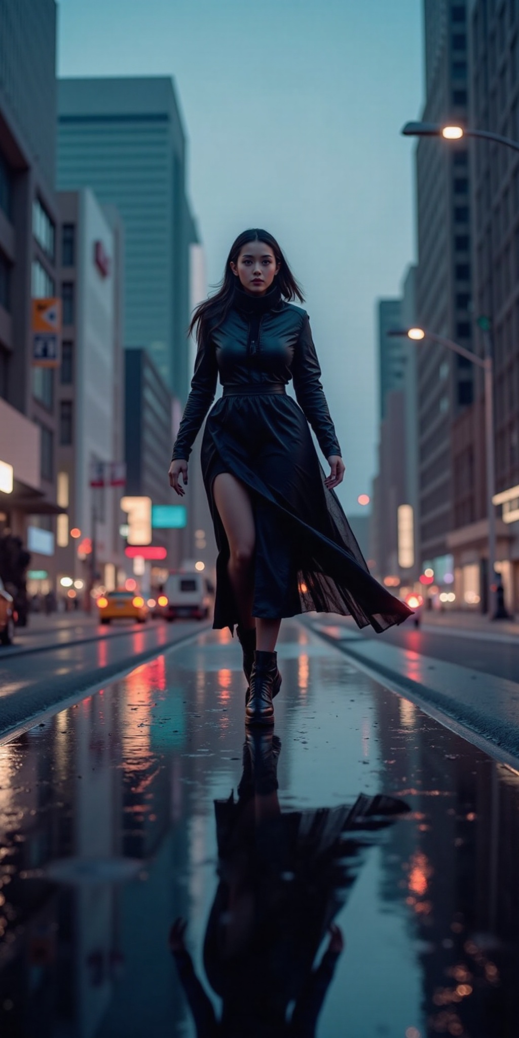 A beautifull yeman woman in blade runner movie theme,  city,  reflection on road on Tensor.Art