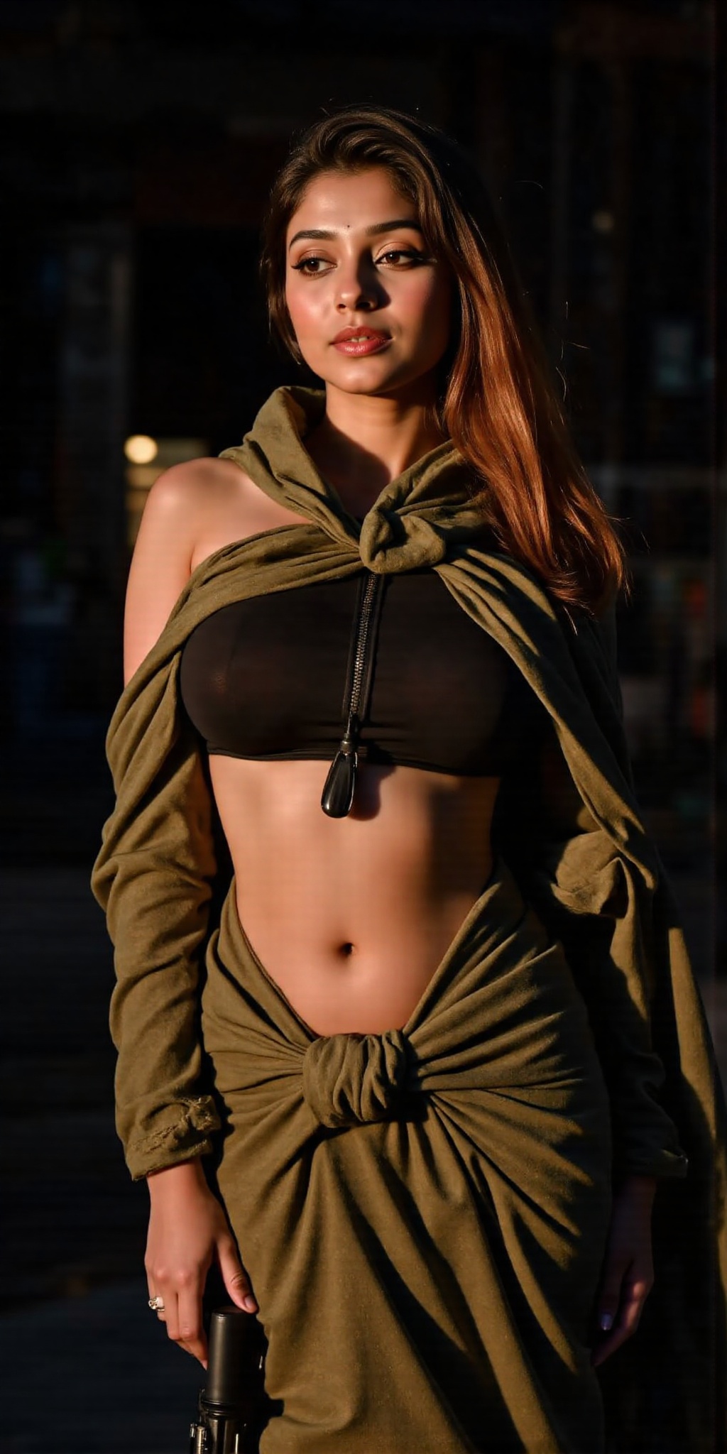 A gorgeous woman in a modern dress that exposes her midriff,  showing her striking T-shaped navel. highlighted by the dres...