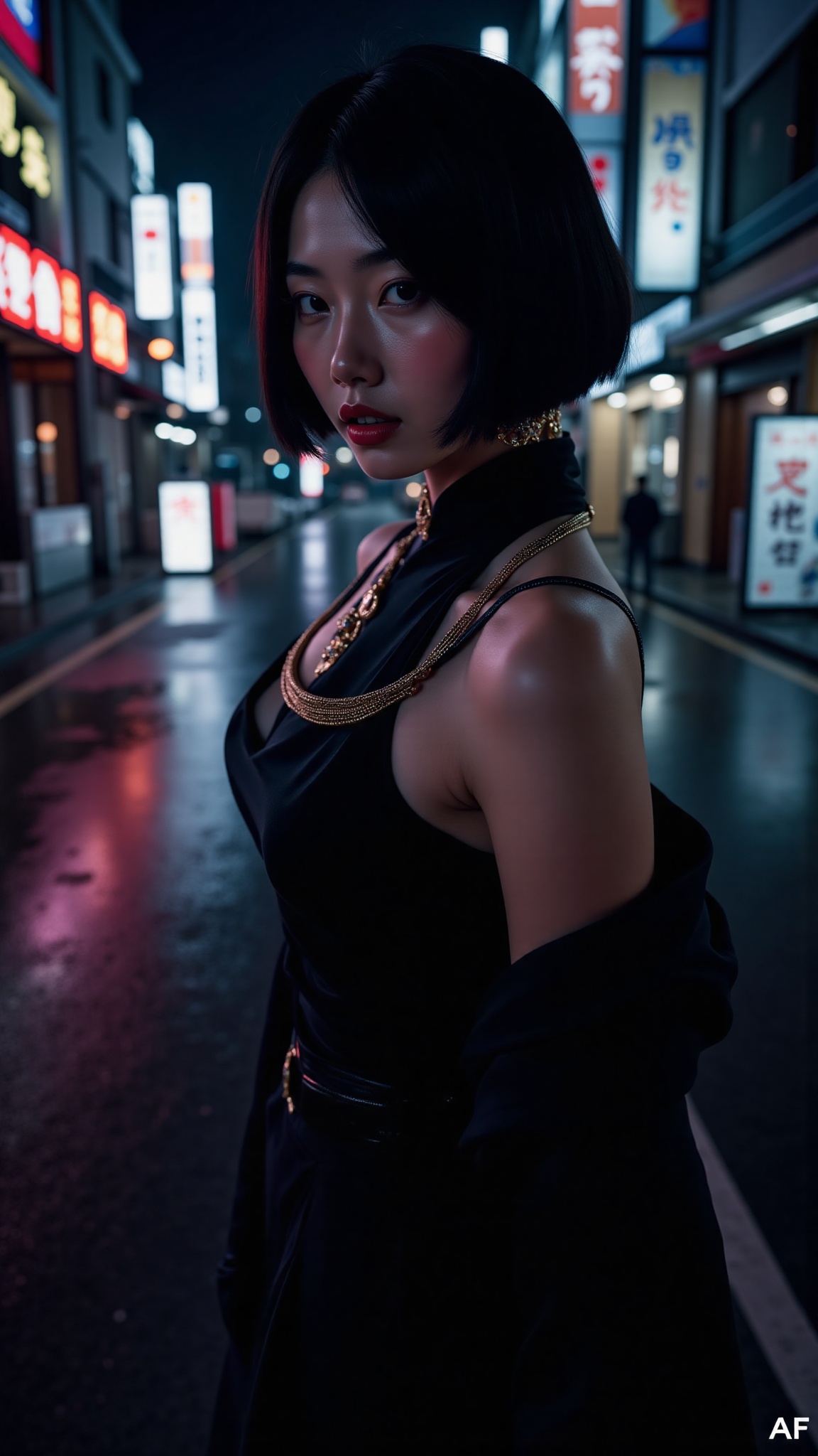 A breathtaking Japanese woman in a Blade Runner-inspired futuristic city at night,  reflections shimmering on the wet stre...