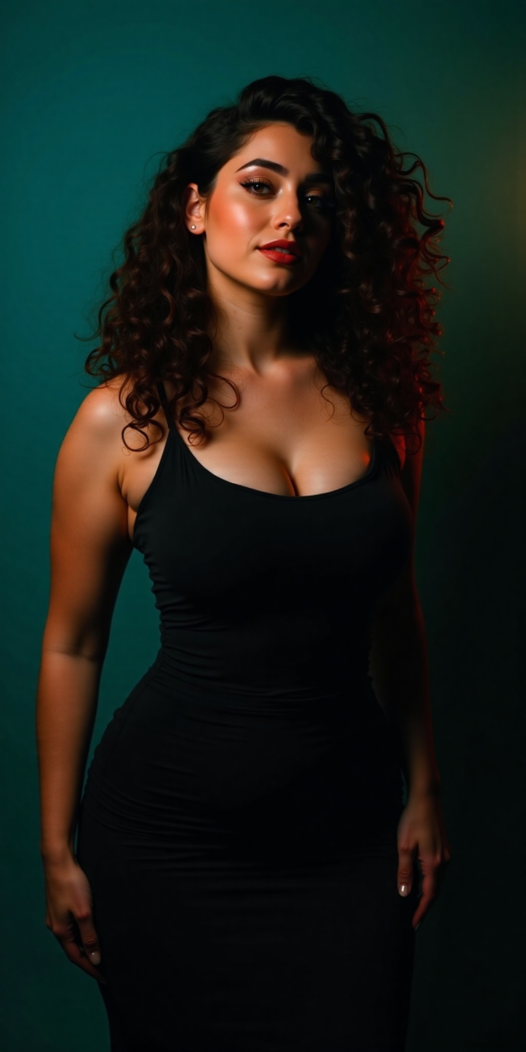 A sultry Jewish beauty poses confidently against a dramatic backdrop,  her fitted dress accentuating every curve as teal a...