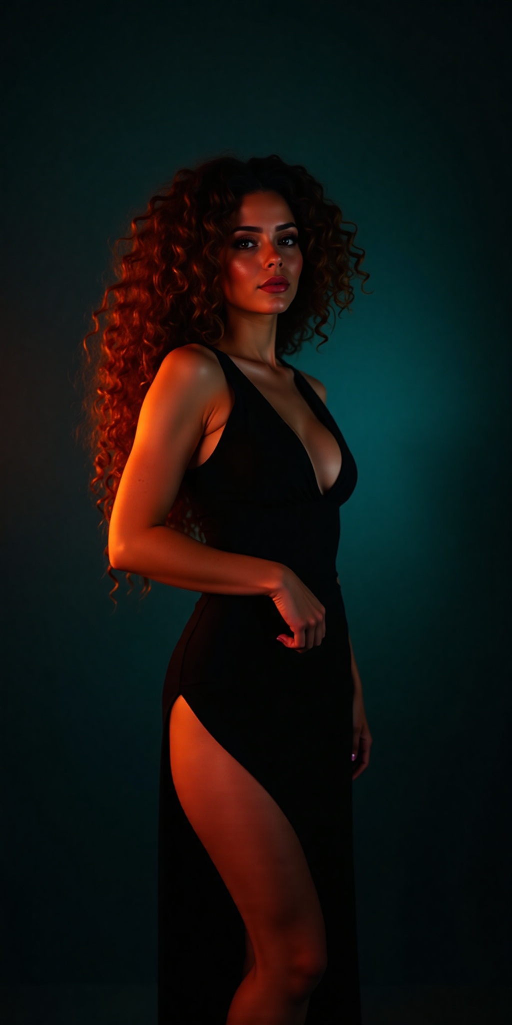 Sultry Jewish beauty posing against a dramatic backdrop of dark shadows and vibrant teal and orange hues,  her fitted dres...