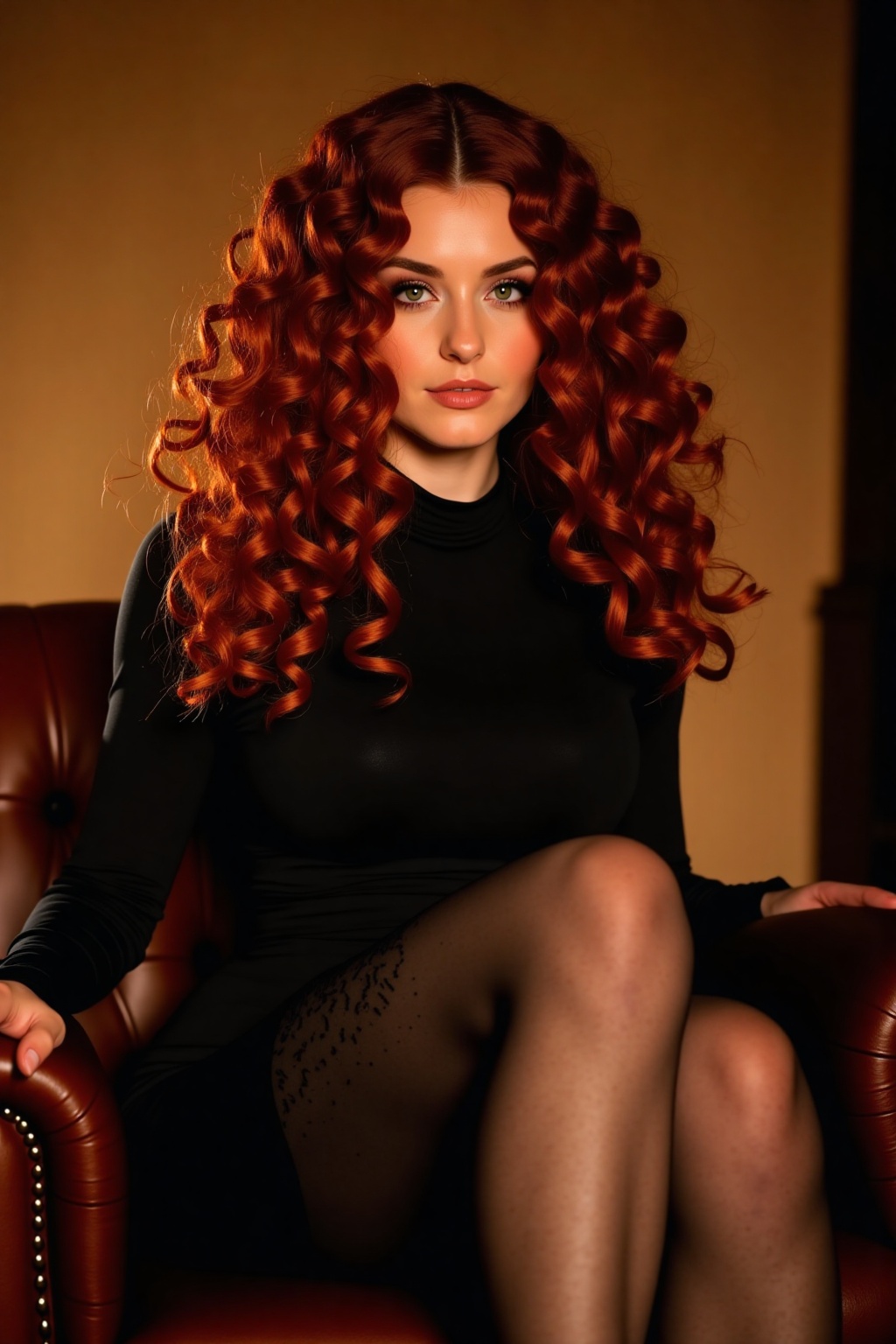A sultry Jewish beauty,  dressed in a fitted black dress,  her long curly hair cascading down her back like a fiery waterf...