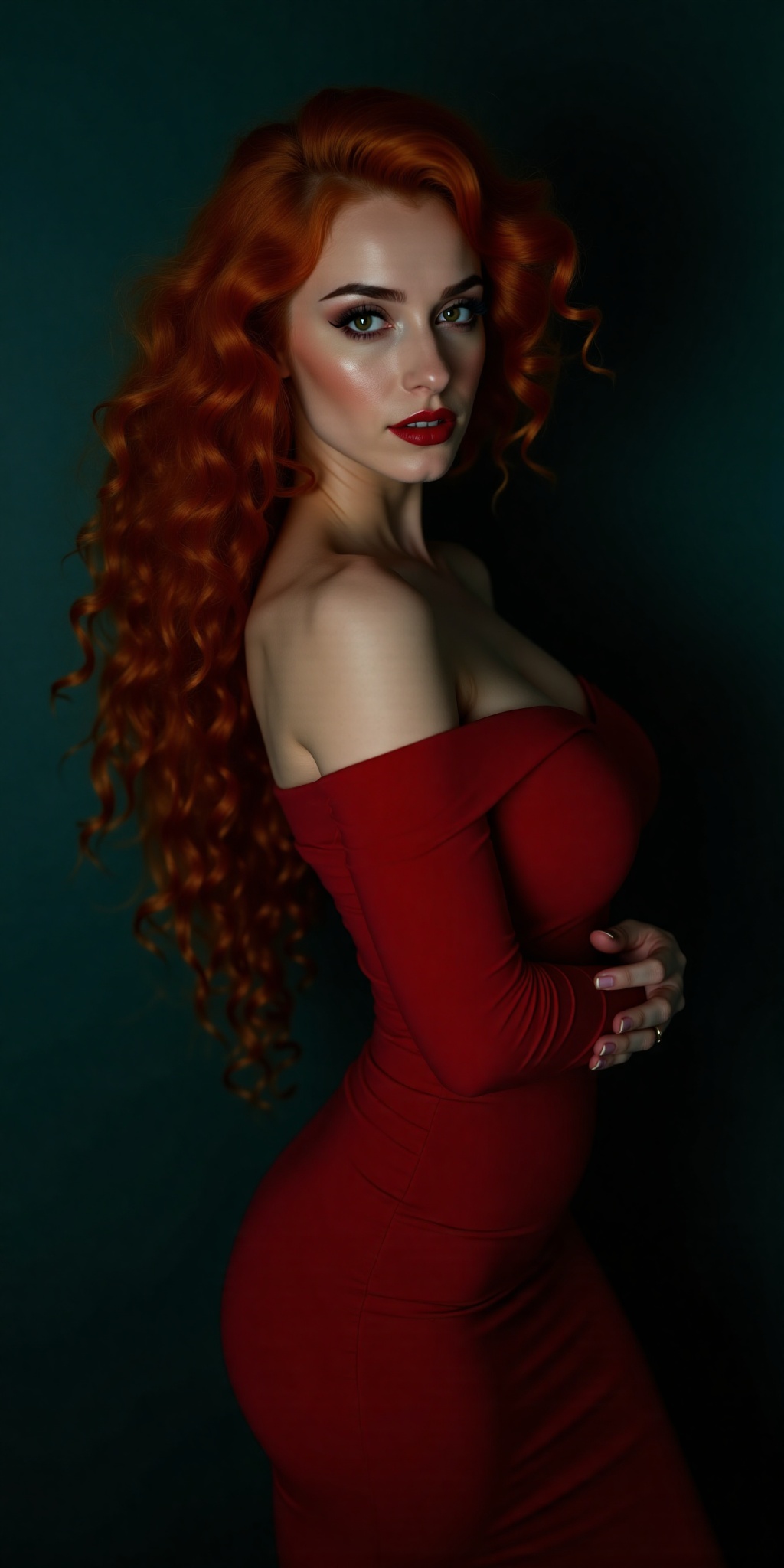Moody portrait of a stunning Jewish woman,  dressed in a fitted red dress that hugs her curves,  her long curly locks tumb...