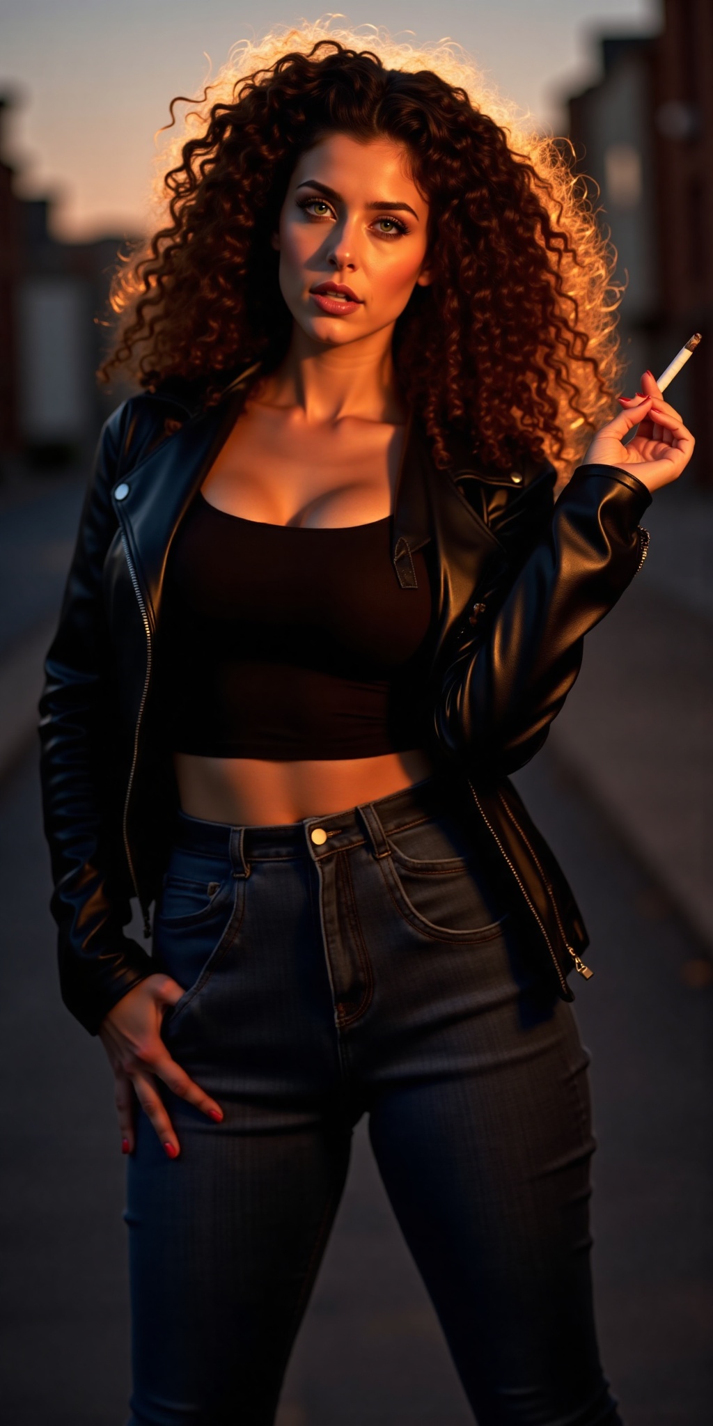 A sultry Jewish woman with luscious curly brown hair and piercing green eyes,  dressed in a fitted black leather jacket an...