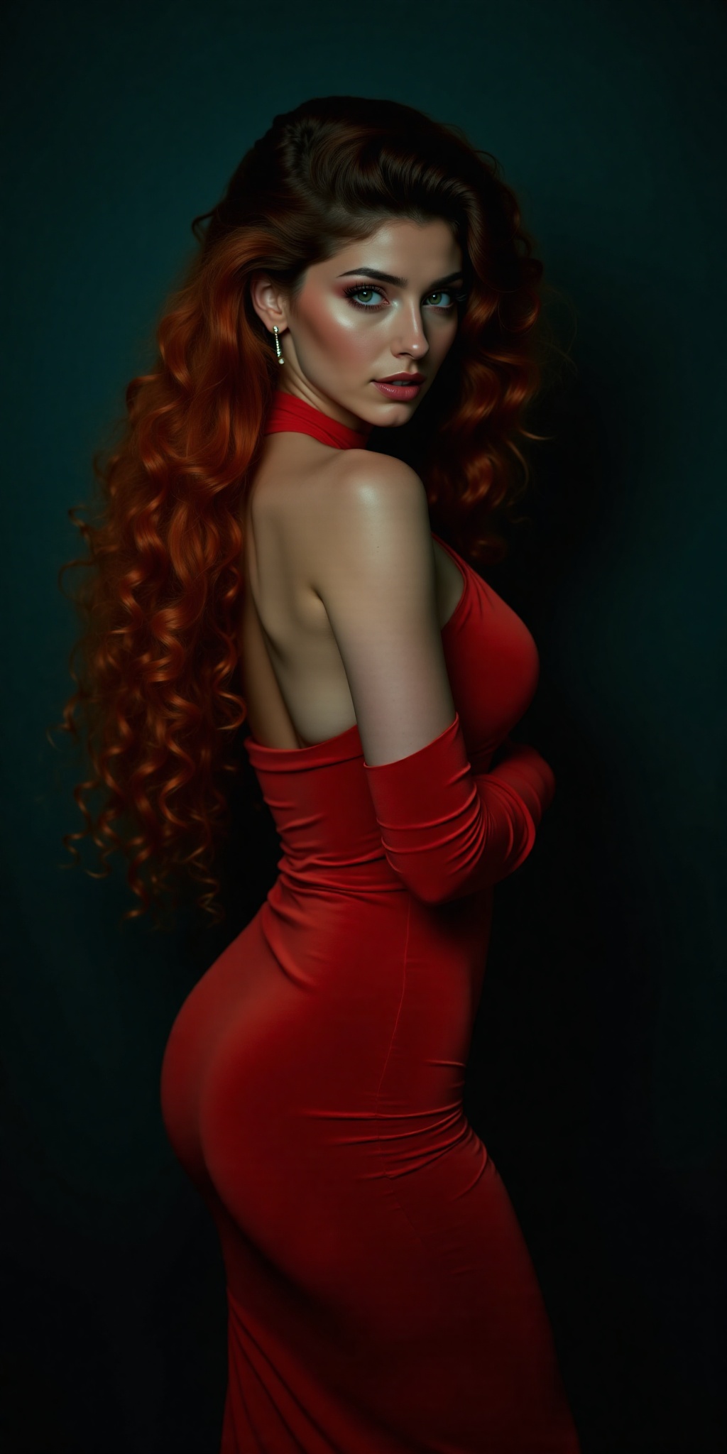 Moody portrait of a stunning Jewish woman,  dressed in a fitted red dress that hugs her curves,  her long curly locks tumb...