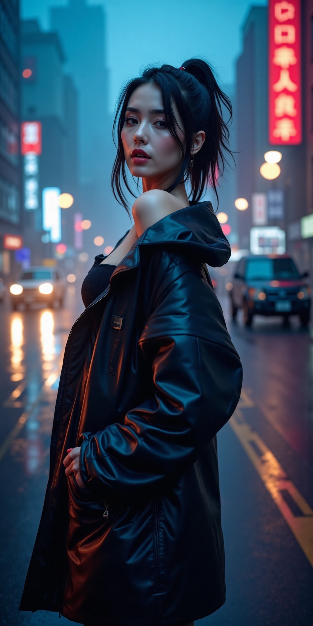 In this captivating cyberpunk scene,  a sultry Jewish beauty assumes a dynamic pose amidst a cityscape's neon-lit reflecti...