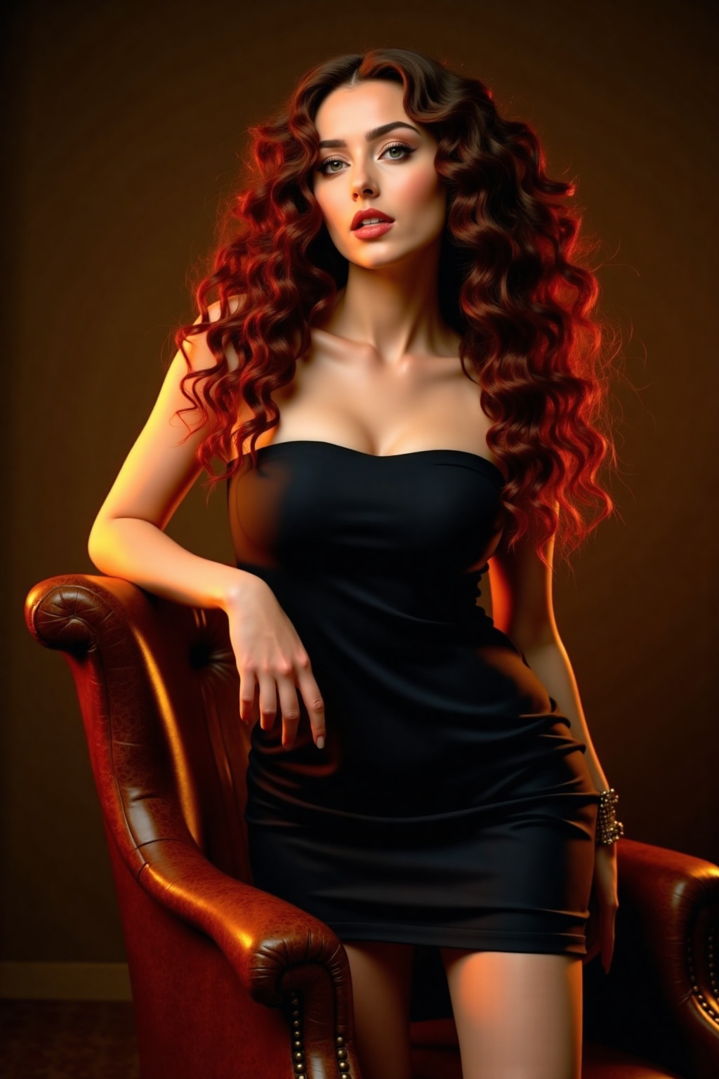 A sultry Jewish beauty,  dressed in a fitted black dress,  her long curly hair cascading down her back like a fiery waterf...