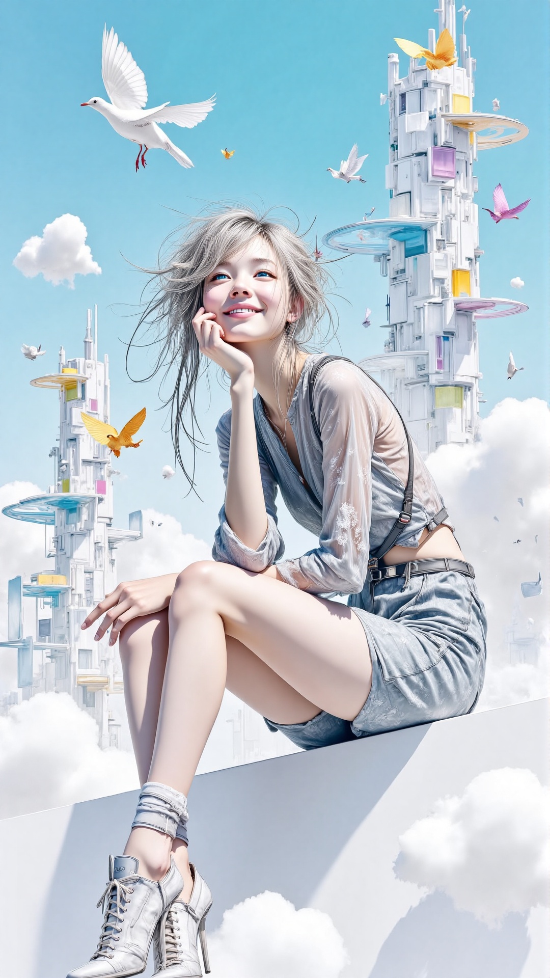 "Futuristic anime girl in a dreamy cybernetic environment,  sitting thoughtfully with a joyful expression,  delicate lace...