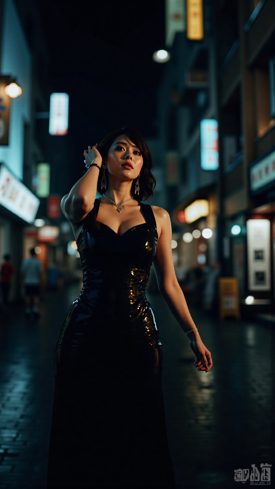 A breathtaking Japanese woman in a Blade Runner-inspired futuristic city at night,  reflections shimmering on the wet stre...