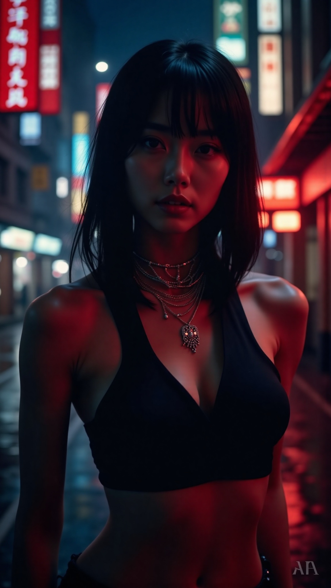 A breathtaking Japanese woman in a Blade Runner-inspired futuristic city at night,  reflections shimmering on the wet stre...