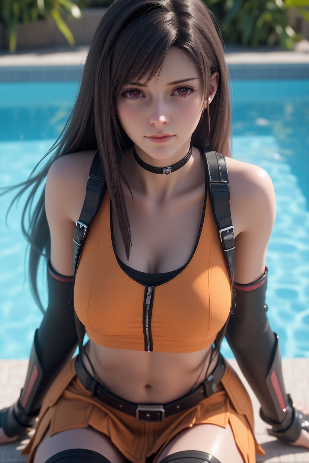The image depicts a young woman with long,  dark brown hair sitting by a pool. She is wearing a sleeveless orange crop top...