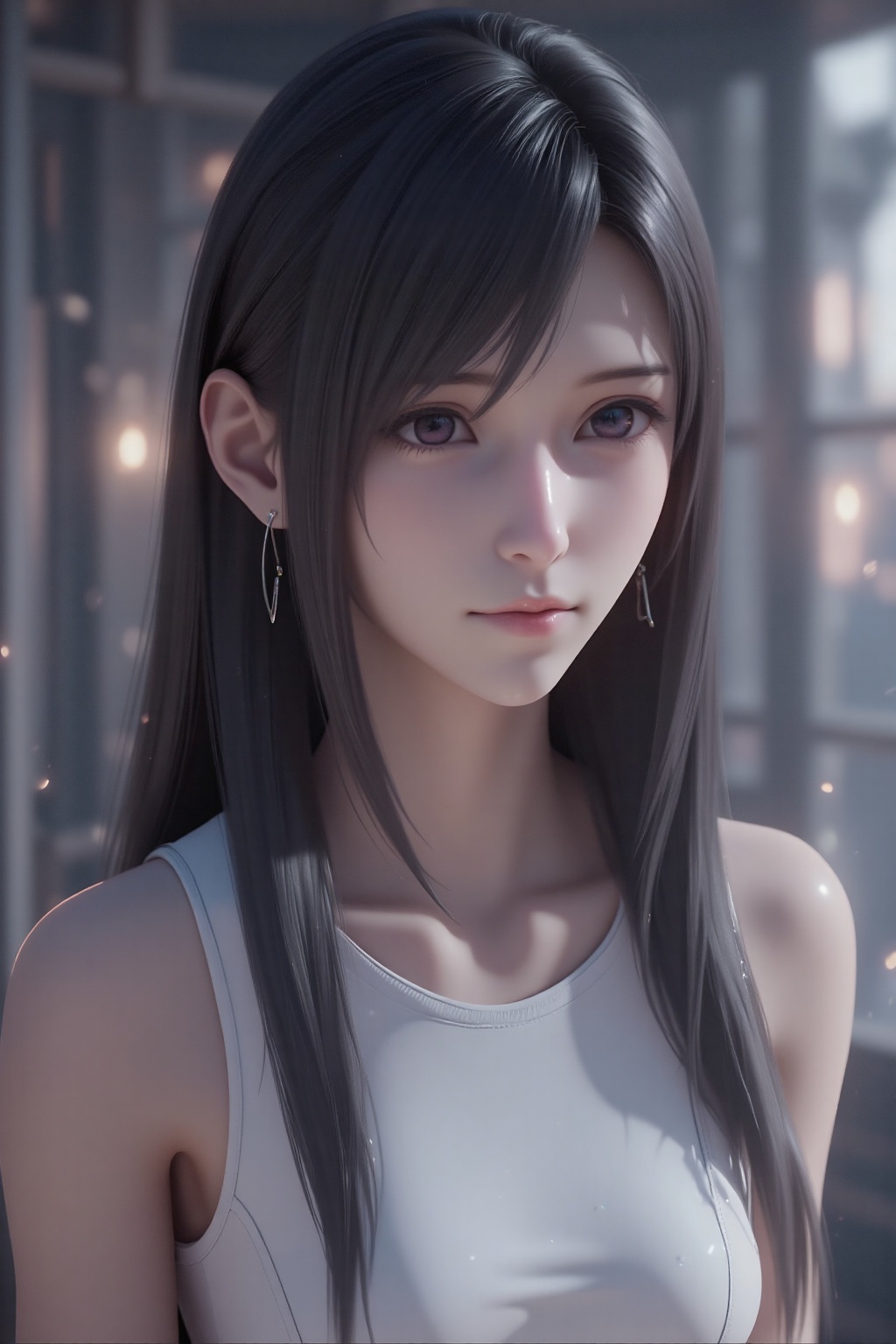 The image depicts a young woman with long,  dark hair and a white sleeveless top. She has a calm and serene expression,  w...