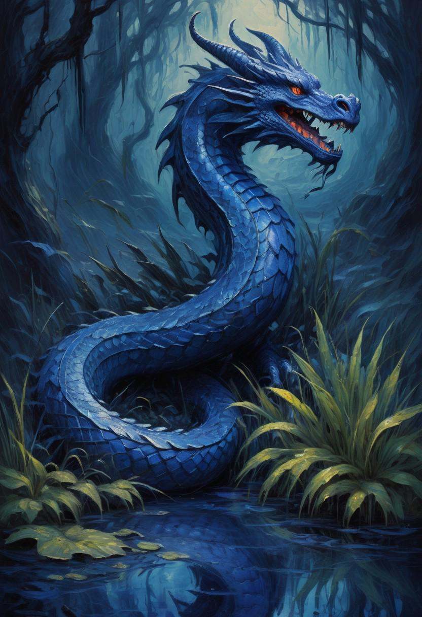 a indigo serpent dragon coming out of a swamp,  oil paint,  brush strokes on Tensor.Art