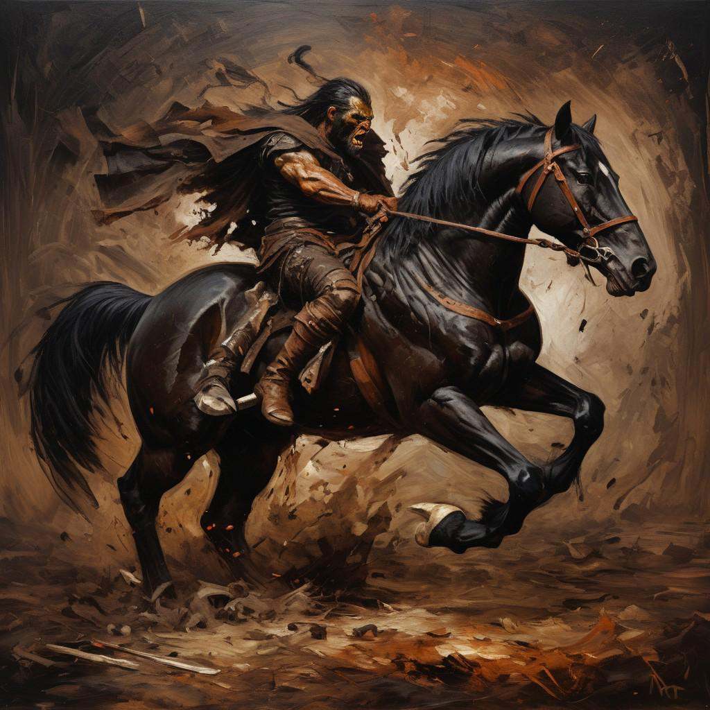 a black and brown horse kicking a orc and send him flaying ,  oil paint,  brush strokes on Tensor.Art