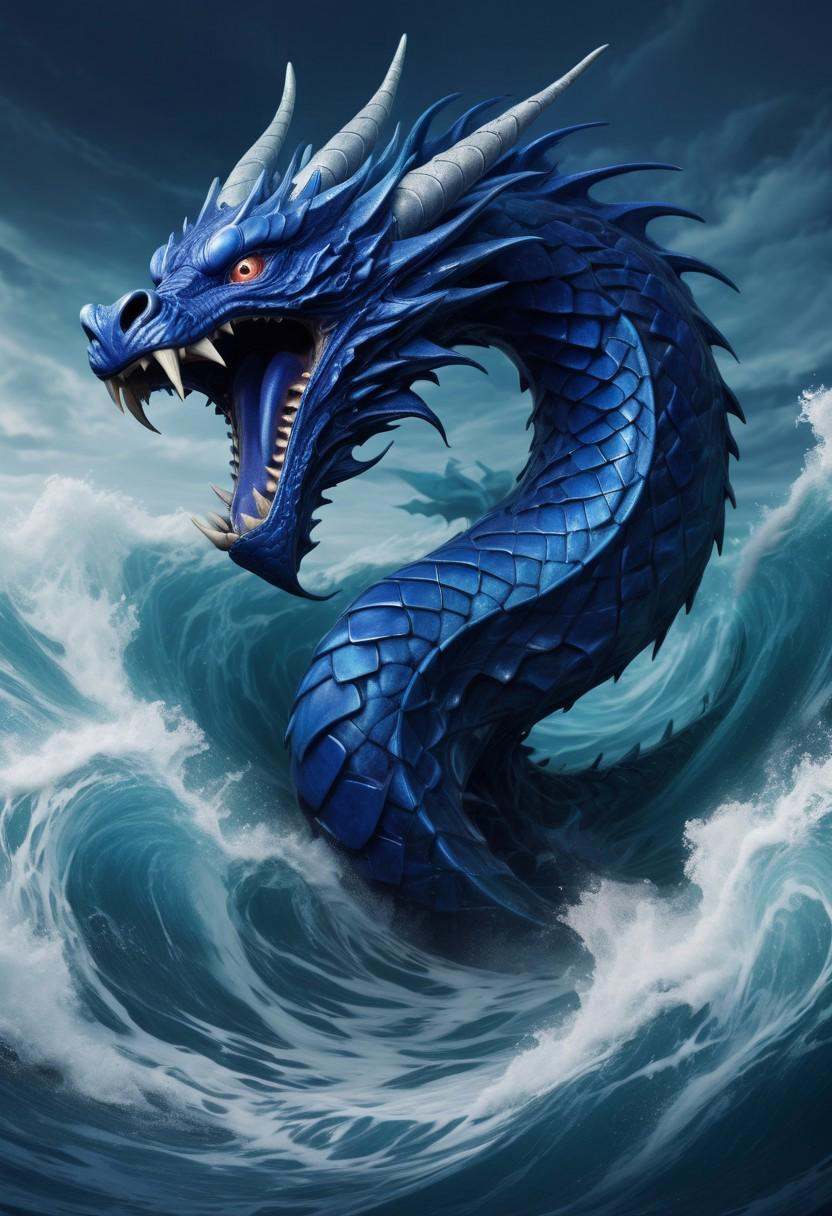a indigo serpent dragon coming out of the deeps of the sea. on Tensor.Art