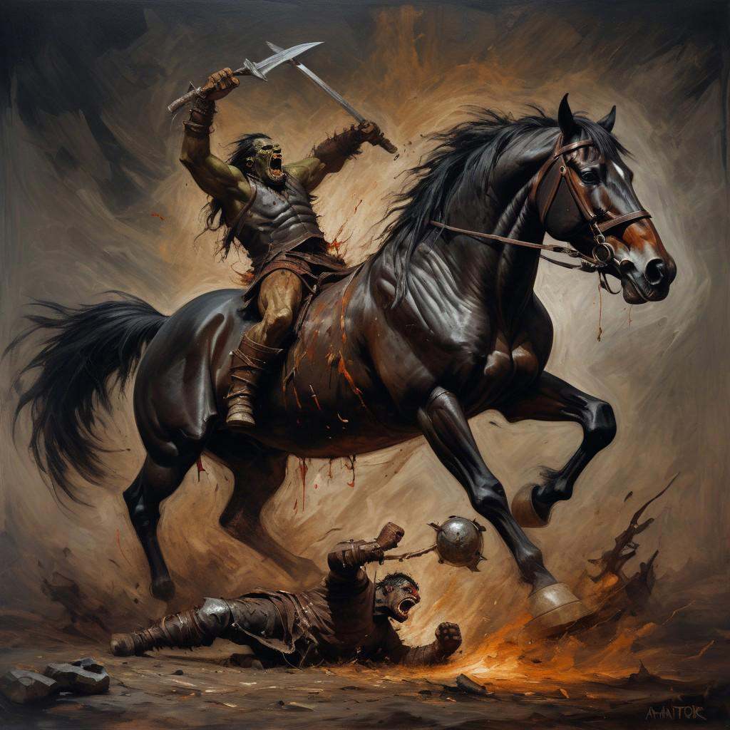 a black and brown horse kicking a orc and send him flaying ,  oil paint,  brush strokes on Tensor.Art