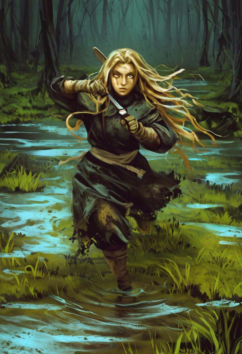 A female knight fighting medusa in a swamp ,  oil paint,  brush stroke on Tensor.Art