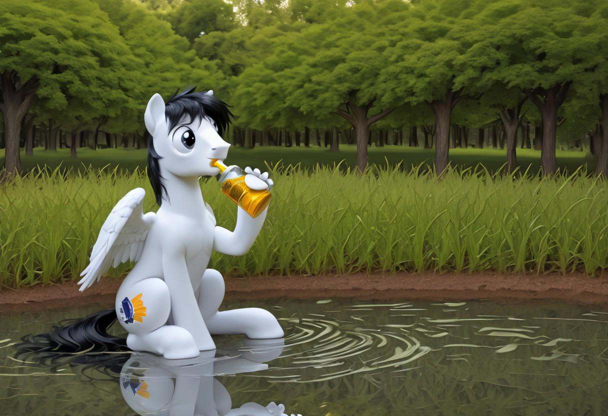 Pegasus drinking water from a stream,  Clydesdale white horse, on Tensor.Art