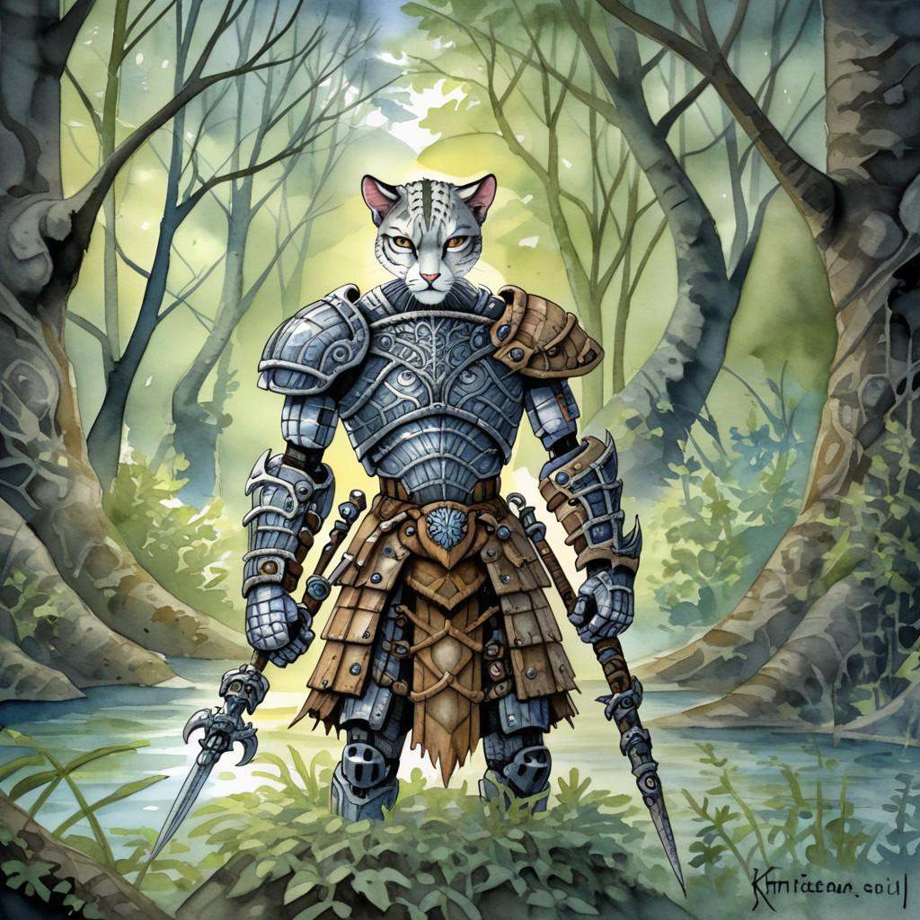 Create a fantastical,  anthropomorphic feline warrior standing in a lush,  mystical forest setting. The warrior should exu...