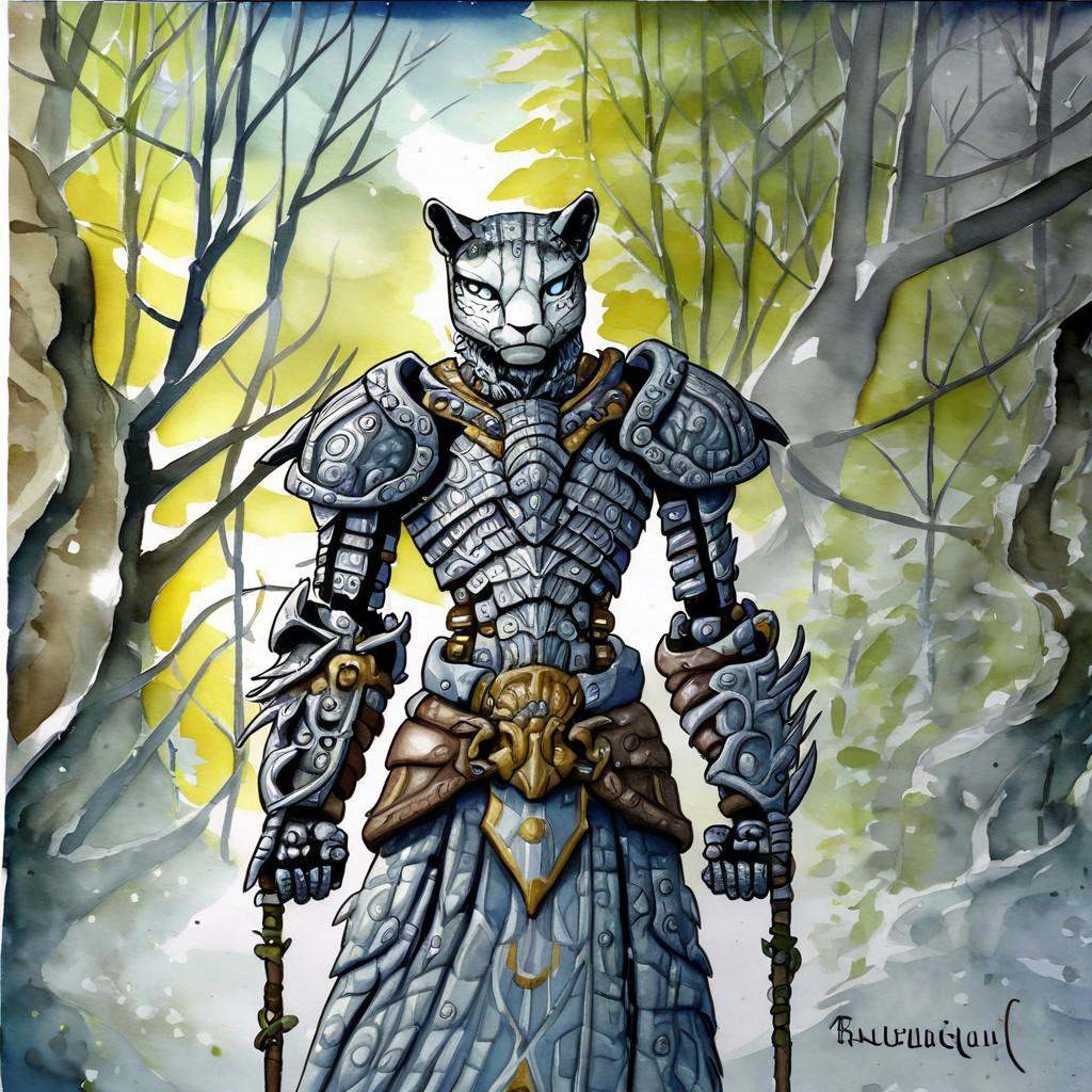 Create a fantastical,  anthropomorphic feline warrior standing in a lush,  mystical forest setting. The warrior should exu...