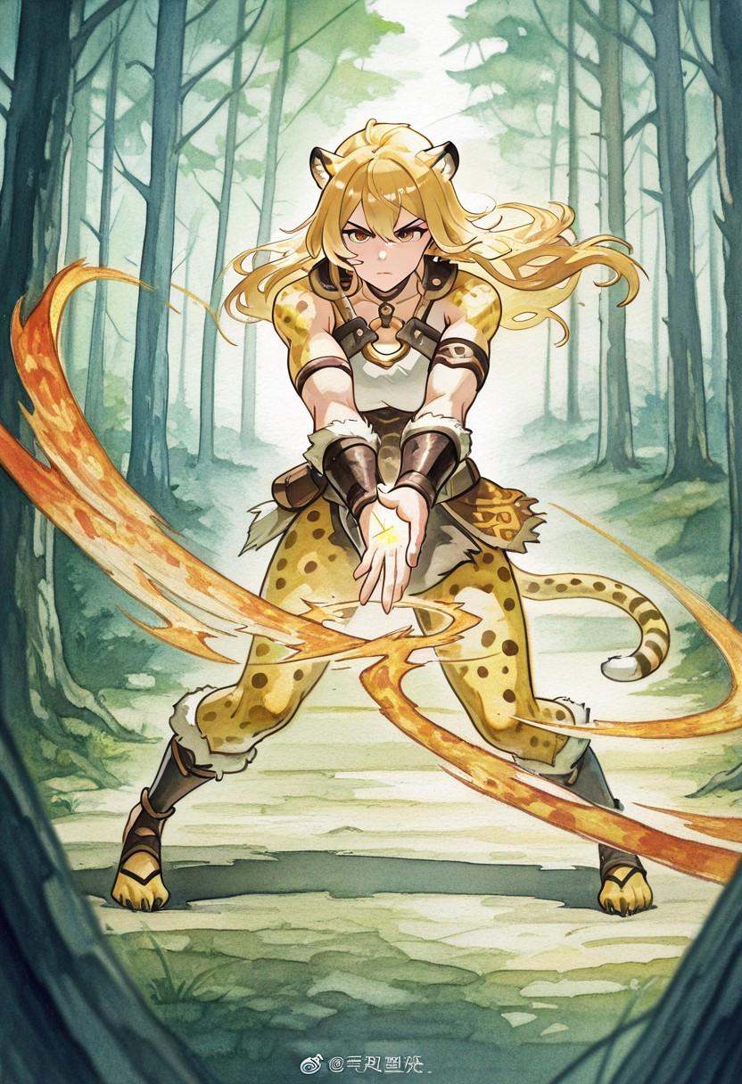A vibrant watercolor painting of a humanoid female cheetah,  depicted as a fierce barbarian fighter,  she has cheetah-like...