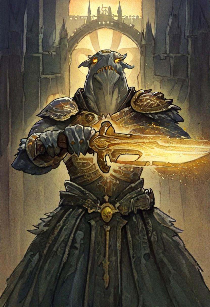 A powerful fantasy humanoid rhino warrior creature standing in front of a majestic medieval castle,  the creature has deta...