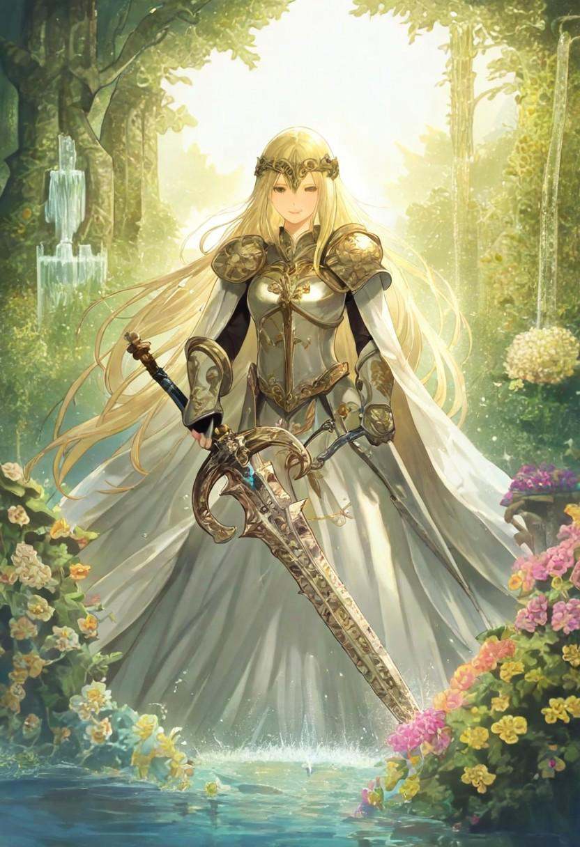 A stunning fantasy illustration of a female warrior paladin,  standing gracefully in a majestic royal garden,  she is clad...
